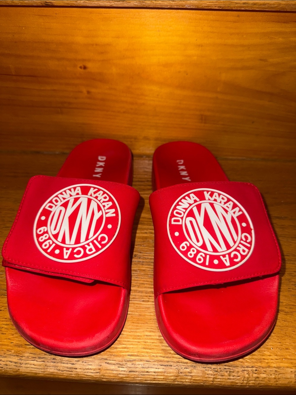DKNY Red Logo Slide Sandals with White Emblem